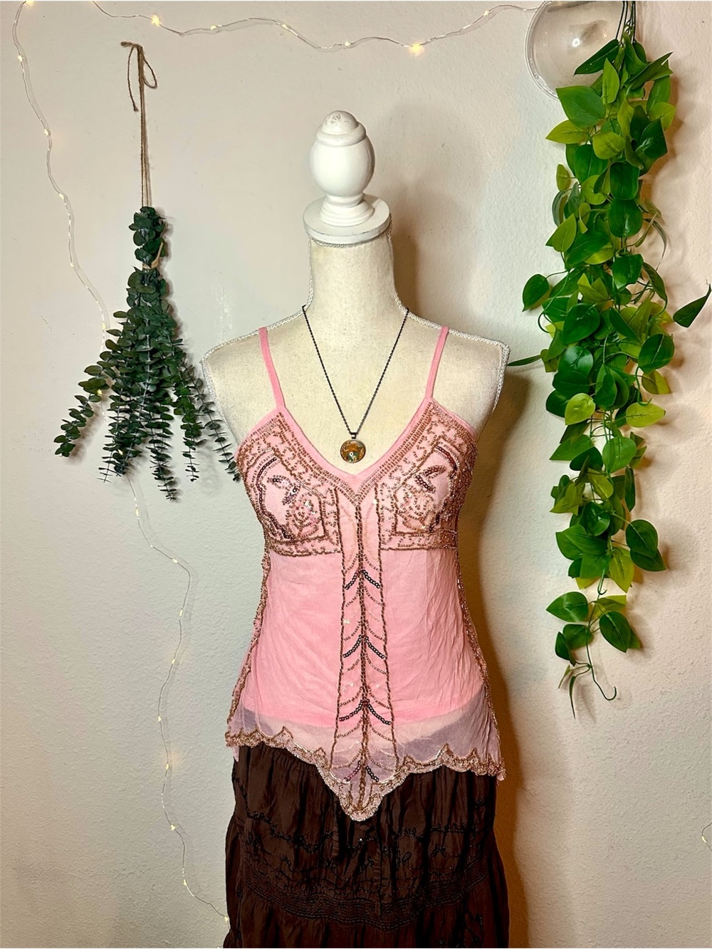 Whimsy fairy pink beaded sequin mesh handmade top